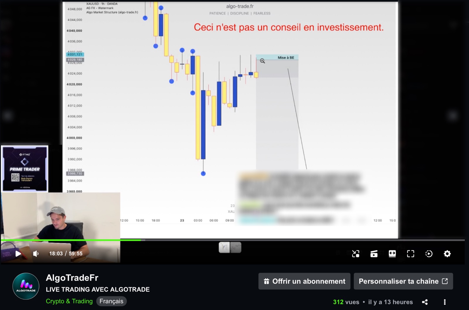 Capture d’un live trading AlgoTrade sur Kick : analyse de l’or (XAUUSD) en H1 avec la structure de marché, Bob en webcam.